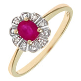 0.44ct Oval Ruby and Round Diamond Cluster Ring in UK Hallmarked 9ct Yellow Gold